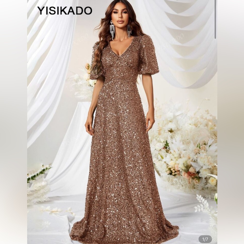 Glamorous Puff Sleeve Sequin Maxi Dress in Camel